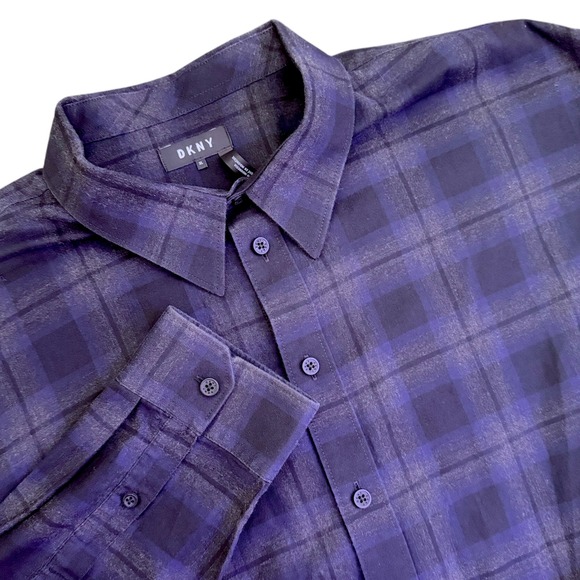 DKNY Mens Plaid‎ Long Sleeve Button Up Shirt Size XL Cotton Collared Shirt Blue - Picture 1 of 8
